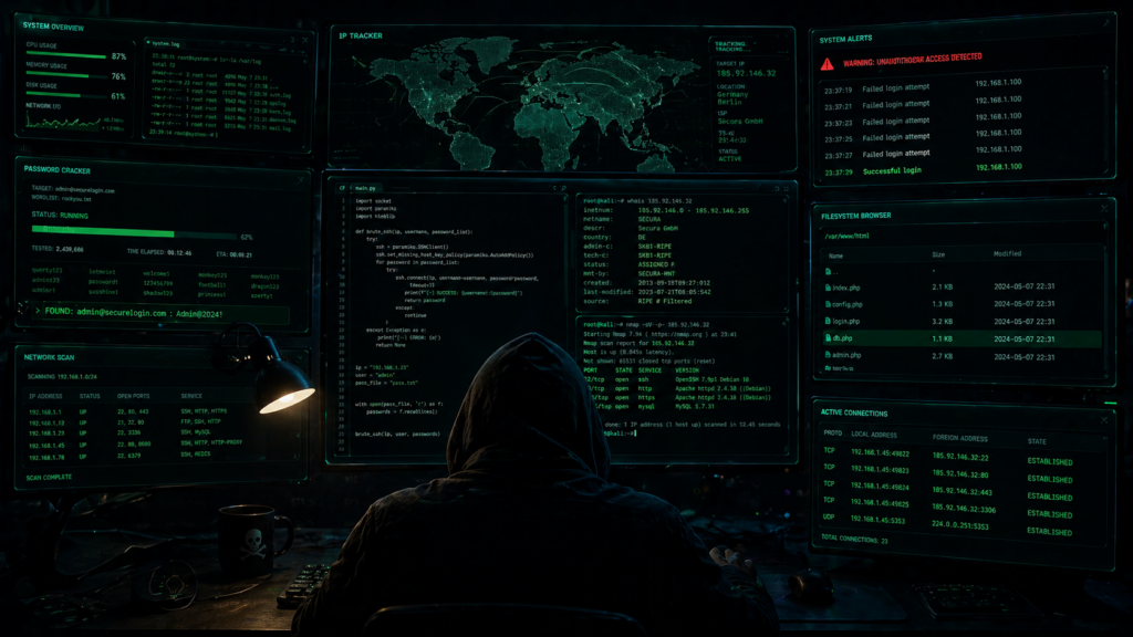 Lock, shield, hacker screen